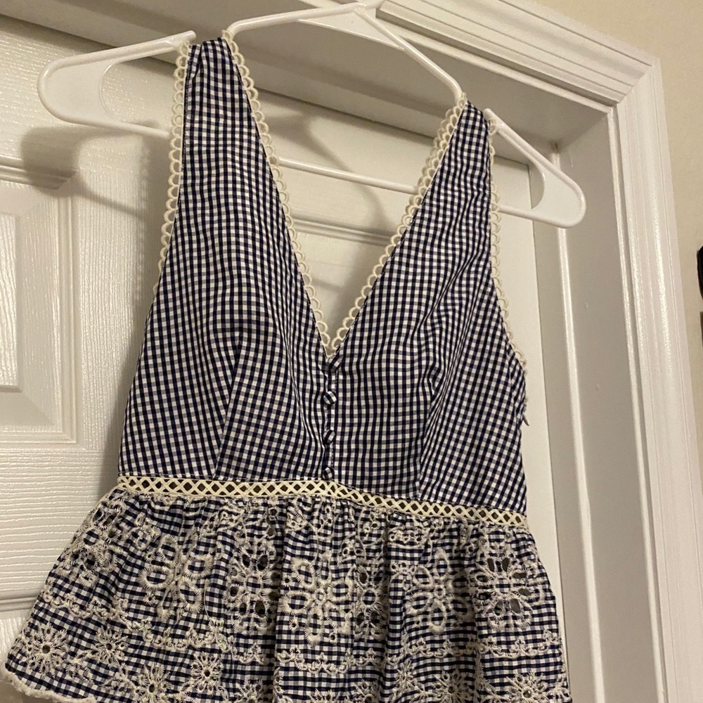 J.O.A. Navy and White Gingham Lace-Trim Tank Top